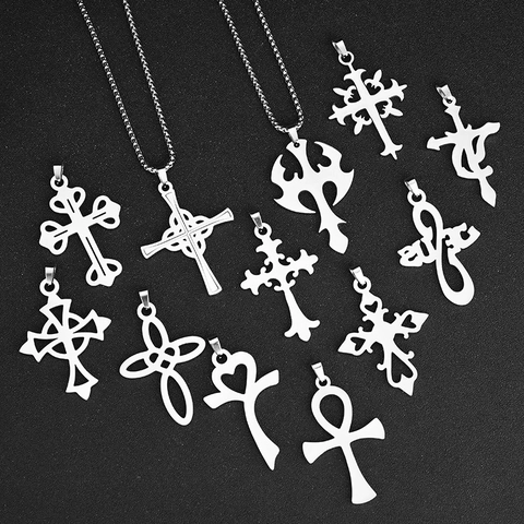 Stainless Steel Cross Pendant Necklace Gothic Religious Polished Hollow Out Jewelry For Men Women Daily Accessory Gift