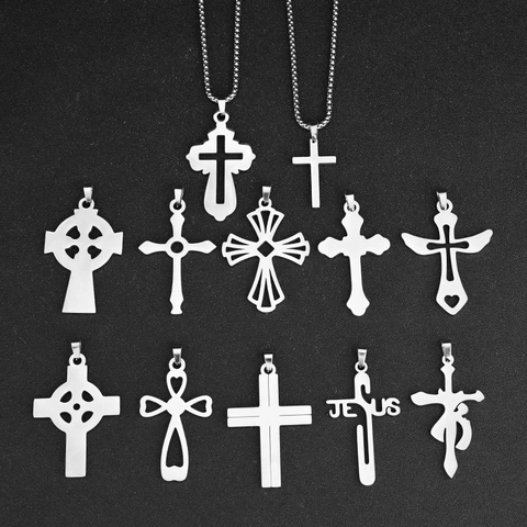 Stainless Steel Cross Pendant Necklace Gothic Religious Polished Hollow Out Jewelry For Men Women Daily Accessory Gift