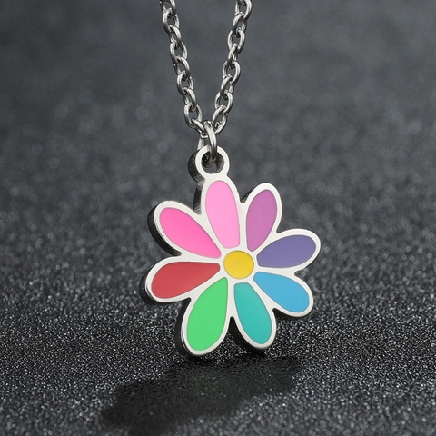 Collar Con Colgante De Flor Colorida De Acero Inoxidable Para Mujeres Hombres Colgante Esmalte Margarita Cadena En O Joyería