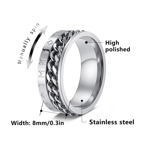 Bague Spinner Runes Vikings pour Homme Femme en Acier Titane Chaîne Maillon Cubain Rotative Anti-Stress Bague Retro Punk Cadeau Bijoux