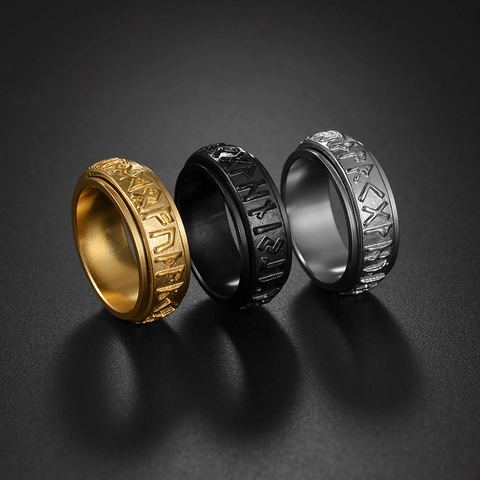 Nordic Runic Stainless Steel Spinner Ring Vintage Stress Relief Rotating Band Ring For Men Women Fashion Jewelry