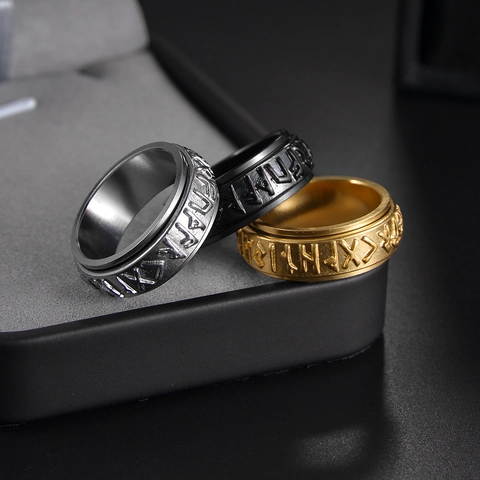 Nordic Runic Stainless Steel Spinner Ring Vintage Stress Relief Rotating Band Ring For Men Women Fashion Jewelry