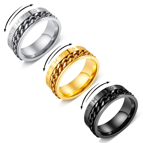 Bague Spinner Runes Viking Acier Inoxydable Chaîne Rotative Bague Mythologie Nordique Fidget Ring pour Hommes Femmes Bijoux Punk