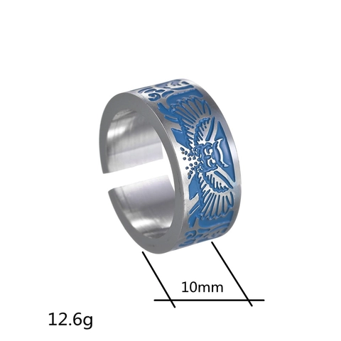 Vintage Stainless Steel Open Ring For Men Women Blue Enamel Owl Shark Wave Pattern Adjustable Punk Fashion Jewelry Finger Ring