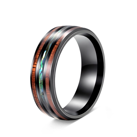 Anillo de Acero Inoxidable 304 para Hombre Hawaii Madera de Koa Inlay Concha de Abulón Banda de Moda Joyería Regalo