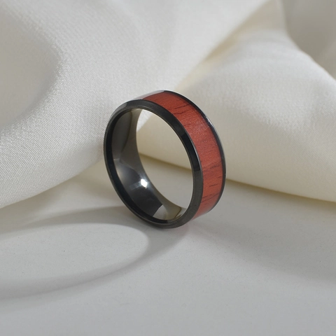 Vintage Zwart Titanium Stalen Ring Voor Heren Dames Rode Houtnerf Inlay Band Ring Gepolijst Minimalistische Mode Sieraden Vingerring Accessoire