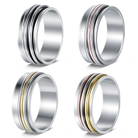 8mm Stainless Steel Spinner Ring For Women Men Decompression Rotatable Tri-color Band Ring Minimalist Jewelry Party Gift