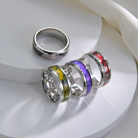Men Stainless Steel Ring Artificial Shell Marble Pattern Inlay Minimalist Polished Fashion Band Ring Jewelry For Daily Wear