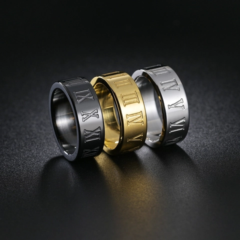 Anillo de Acero de Titanio con Números Romanos para Hombres Mujeres Moda Punk Banda Pulida Joyería Oro Plata Negro Acero Inoxidable