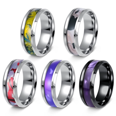 Men Stainless Steel Ring Artificial Shell Marble Pattern Inlay Minimalist Polished Fashion Band Ring Jewelry For Daily Wear