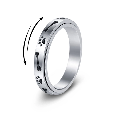Bague Pivotante en Acier Inoxydable 4mm Pour Hommes Femmes Empreinte de Patte Noire Os Rotative Décompression Fidget Ring Bijoux Cadeau