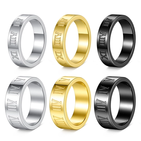 Anillo de Acero de Titanio con Números Romanos para Hombres Mujeres Moda Punk Banda Pulida Joyería Oro Plata Negro Acero Inoxidable