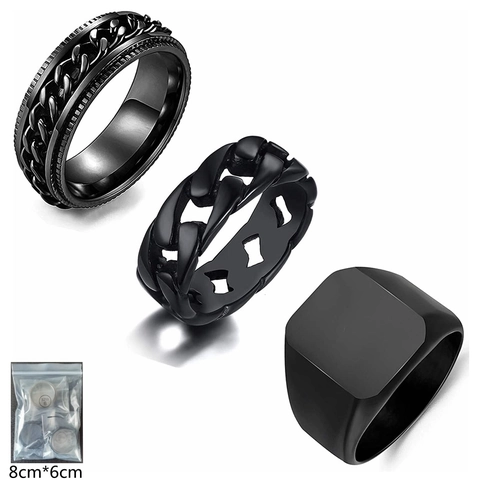 Stainless Steel Men Rings Signet Spinner Chain Link Black Bands Minimalist Fashionable Accessory Finger Jewelry Gift For Him
