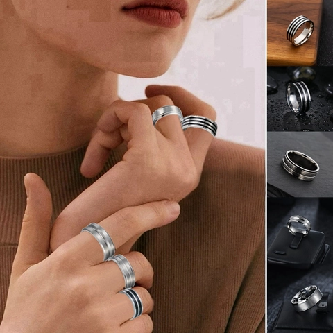 Stainless Steel Ring Collection For Men Women Silver Black Striped Brushed Band Rings Industrial Punk Fashion Jewelry Accessory
