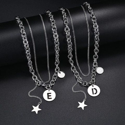 Collar de Alfabeto de Acero de Titanio de Doble Capa Punk Hip Hop para Unisex Plata Pulida con Colgante de Estrella