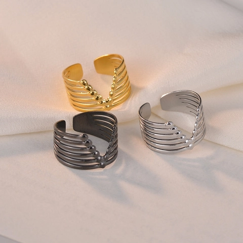 Minimalist Titanium Steel Multi Layer Open Adjustable Ring For Women Geometric Hollow Wave Line Finger Ring Jewelry Gift
