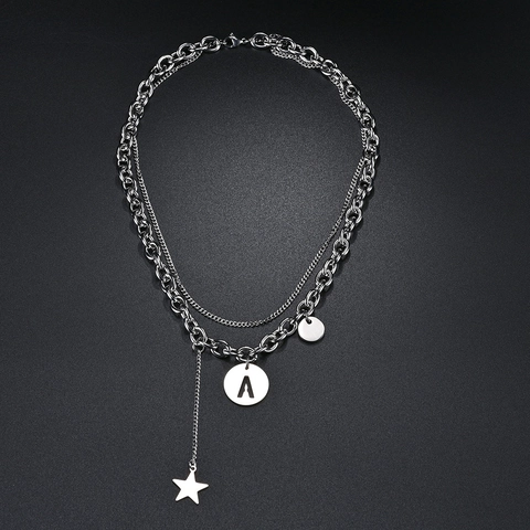 Collar de Alfabeto de Acero de Titanio de Doble Capa Punk Hip Hop para Unisex Plata Pulida con Colgante de Estrella