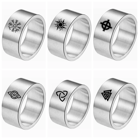 Nordic Viking Norse Runes Titanium Steel Ring For Men Women Brushed Finish Vegvisir Valknut Celtic Knot Punk Band Ring