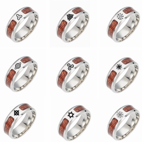 Vintage Viking Rune Ring Men Titanium Steel Wood Inlay Celtic Knot Vegvisir Compass Nordic Religious Symbol Band Finger Jewelry