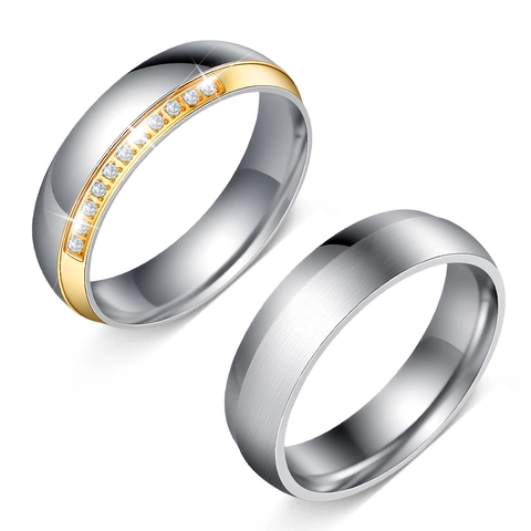 Anillo de Pareja Minimalista de Acero Inoxidable Bicolor Oro Plata Strass Incrustado Pulido Joyería de Moda Anillo
