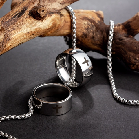 Titanium Steel Cross Pendant Necklace For Men Women Minimalist Polished Ring Pendant Stainless Steel Ball Chain Jewelry