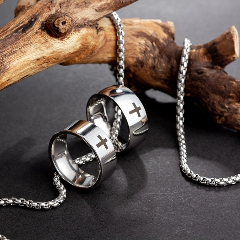 Titanium Steel Cross Pendant Necklace For Men Women Minimalist Polished Ring Pendant Stainless Steel Ball Chain Jewelry