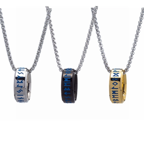 Nordic Viking Rune Pendant Necklace For Men Women Stainless Steel Blue Drip Oil Runic Alphabet Ring Necklace Box Chain