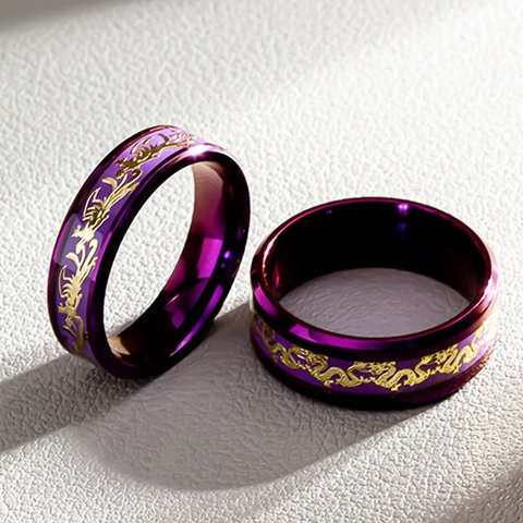 Anello in Acciaio al Titanio con Dragone e Fenice Stile Neo-Cinese Viola Oro Vintage Etnico Coppia Gioielli Regalo