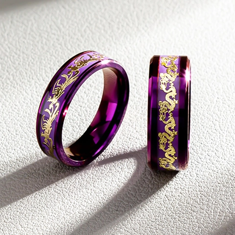 Anello in Acciaio al Titanio con Dragone e Fenice Stile Neo-Cinese Viola Oro Vintage Etnico Coppia Gioielli Regalo
