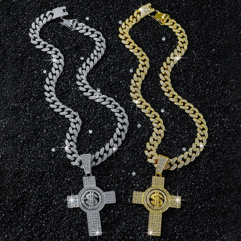 Collar con Colgante de Cruz de Signo de Dólar Giratorio Hip Hop para Hombre Aleación de Zinc con Strass Cadena Cubana