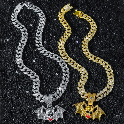 Men Hip Hop Bat Skull Pendant Necklace Zinc Alloy Pave Rhinestone Cuban Link Chain Halloween Gothic Jewelry Gold Silver