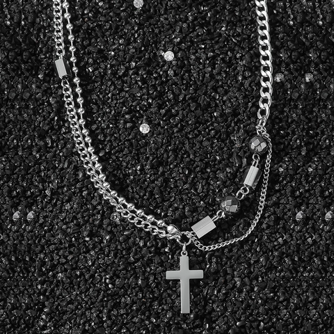 Collar de Acero Inoxidable de Doble Capa Con Colgante de Cruz Cadena Cubana Plateada Joyería Minimalista para Hombre Mujer
