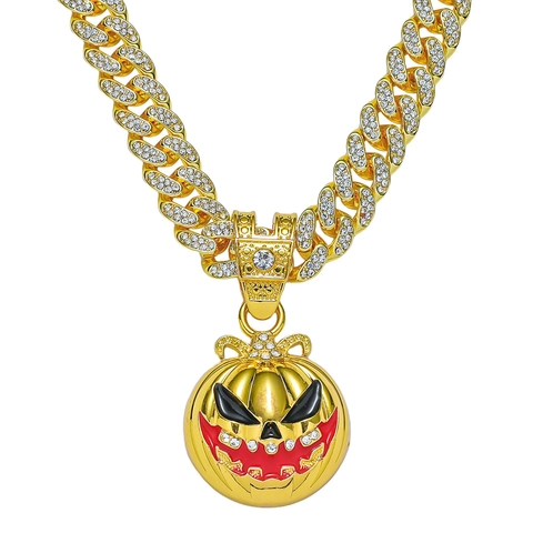 Collana con Pendente a Forma di Teschio di Zucca Hip Hop Halloween per Uomo Catena a Maglia Cubana in Lega di Zinco con Strass