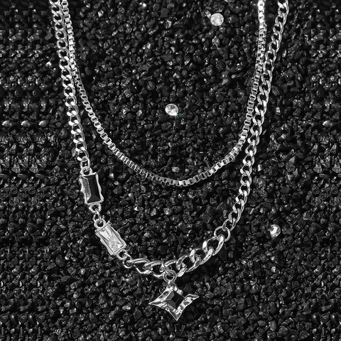 Mode Edelstahl Doppellagig Stern Anhänger Halskette Legierung Strass Eingelegt Zweisträngige Kette Schmuck Für Damen Party