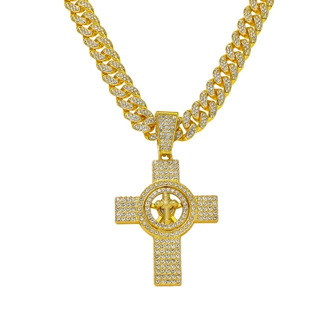 Collana con Ciondolo a Croce Rotante Hip Hop da Uomo in Lega di Zinco Placcata Oro Argento Catena Cubana Strass Regalo