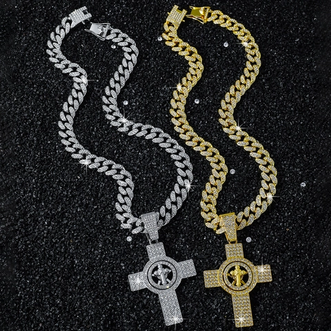Collana con Ciondolo a Croce Rotante Hip Hop da Uomo in Lega di Zinco Placcata Oro Argento Catena Cubana Strass Regalo