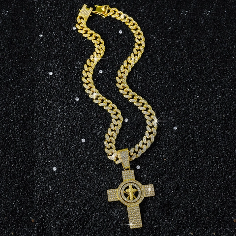 Collana con Pendente a Croce Girevole Hip Hop Incastonato Lega di Zinco Strass Catena Cubana Gioielli Uomo Oro Argento