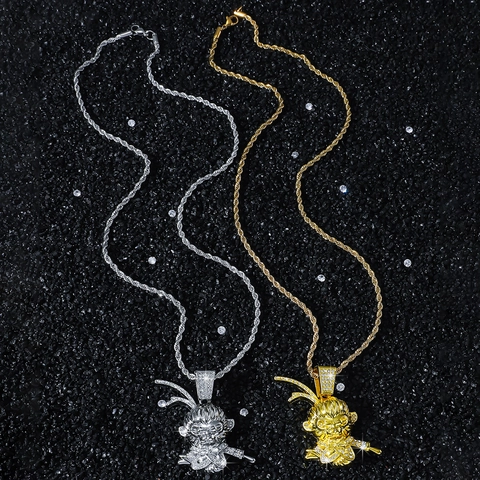 Hip Hop Alloy Monkey King Pendant Necklace With Rope Chain Rhinestone Inlaid Cartoon Animal Monkey Head Necklace For Men Women Jewelry Gift