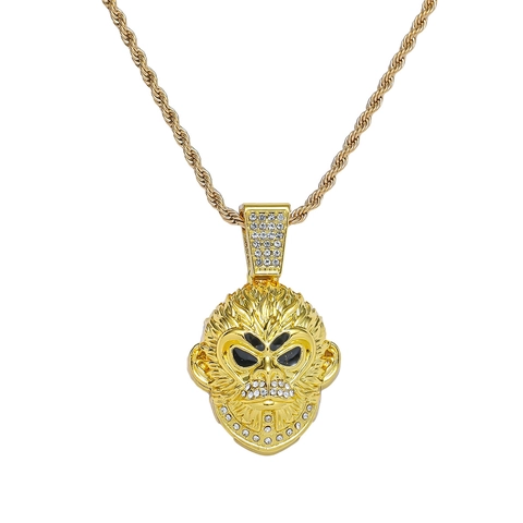 Hip Hop Alloy Rhinestone Monkey Face Pendant Necklace Stainless Steel Rope Chain Animal Jewelry Gold Silver Color Unisex Jewelry Gift