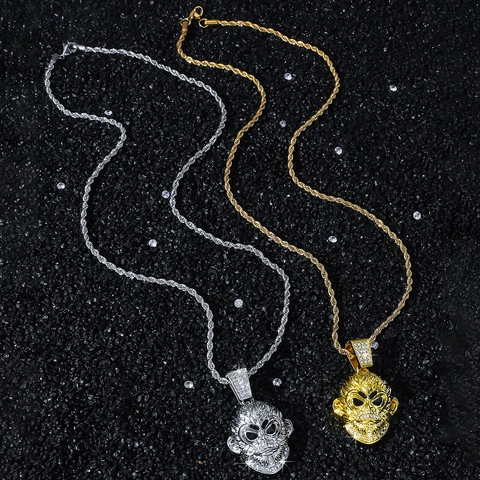 Hip Hop Alloy Rhinestone Monkey Face Pendant Necklace Stainless Steel Rope Chain Animal Jewelry Gold Silver Color Unisex Jewelry Gift
