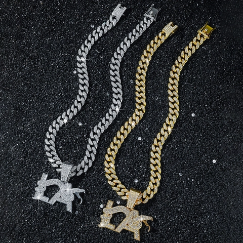 Collar de Hombre Hiphop Iced Out Colgante Letra LA Aleación de Zinc Strass Cadena Cubana Joyería de Moda