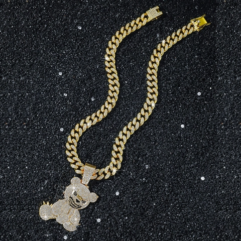 Hip Hop Iced Out Bär Anhänger Halskette Zinklegierung Strass Panzerkette Für Herren Streetwear Punk Schmuck