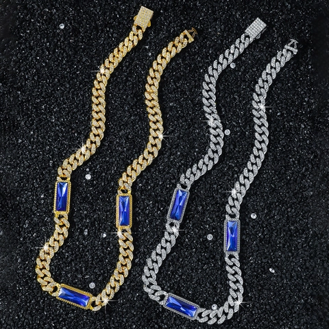 Hip Hop Heren Cubaanse Schakelketting Armband Zinklegering Strass Pave Rechthoekige Blauwe Glassteen Sieraden