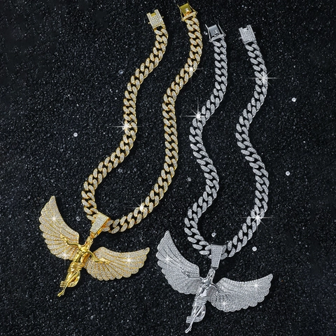Collana da Uomo Hip Hop Ali d'Angelo in Lega di Zinco con Strass Catena Cubana Oro Argento Gioielli Streetwear