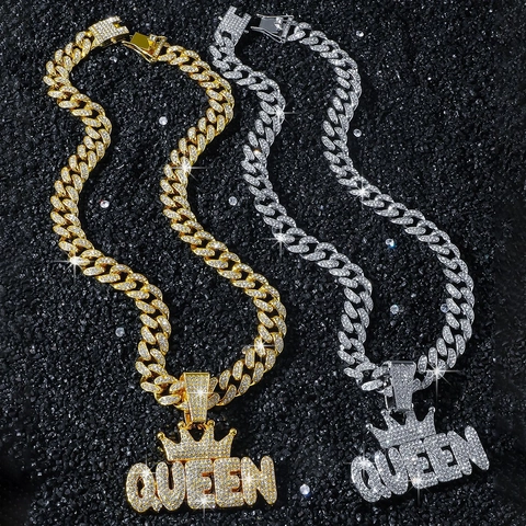 Collana da Uomo Hip Hop Iced Out Con Ciondolo a Lettera QUEEN Corona Lega di Zinco Strass Maglia Cubana Gioielli Festa