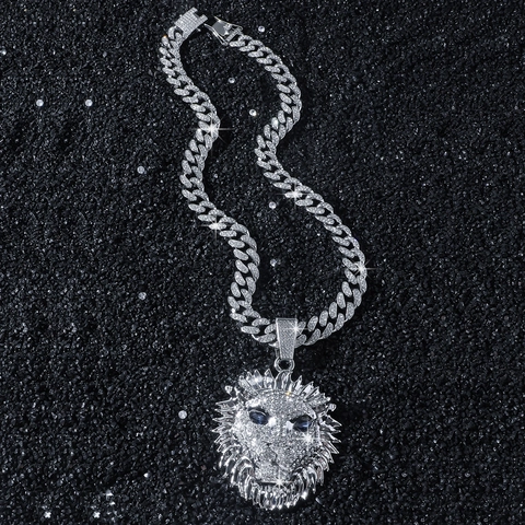 Collana con Pendente a Testa di Leone Hip Hop da Uomo Lega Strass Oro Argento Placcato Catena a Maglia Cubana Gioielli Streetwear