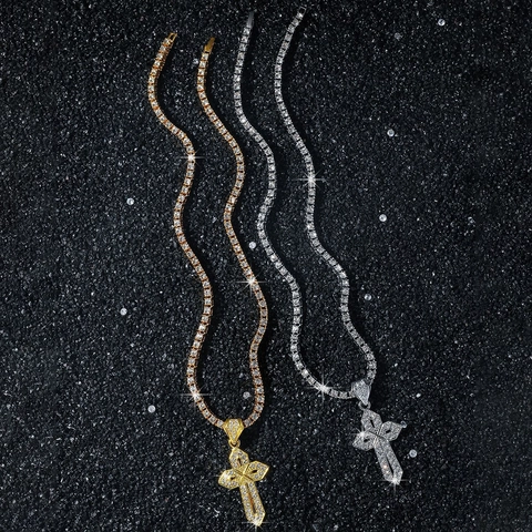 Collana da Uomo Con Pendente a Croce Hip Hop in Lega di Zinco Con Strass Oro Argento Gioielli Iced Out Con Catena Tennis