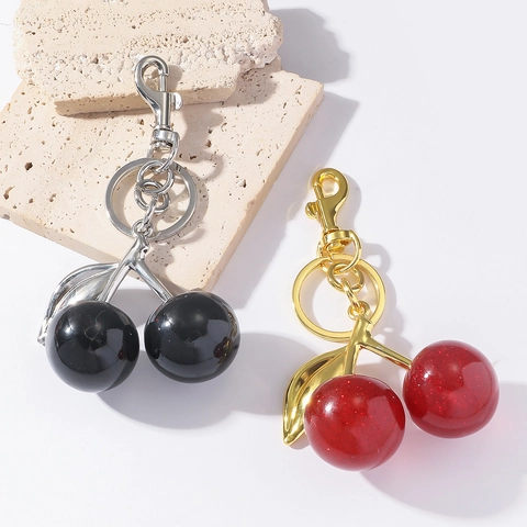 Fashion Zinc Alloy Resin Cherry Keychain Women Fruit Bag Charm Pendant Glitter Fruit Key Ring Accessory Hanging Jewelry Gift