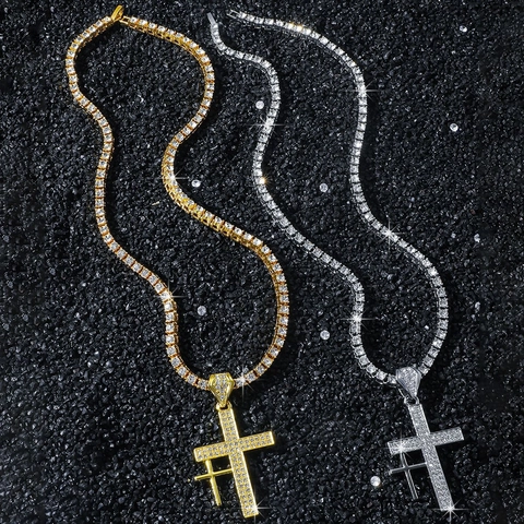 Hiphop Double Cross Pendant Necklace With Tennis Chain Alloy Rhinestone Iced Out Jewelry Punk Style For Men Gold Silver Color
