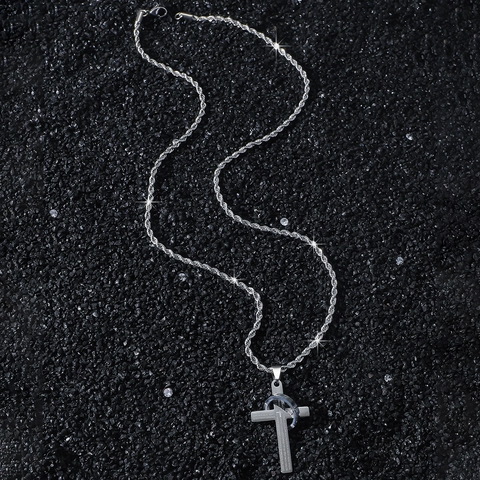 Collar con Colgante de Cruz de Hip Hop de Acero Inoxidable para Hombre Versículo de Oración de la Biblia en Español Grabado Regalo